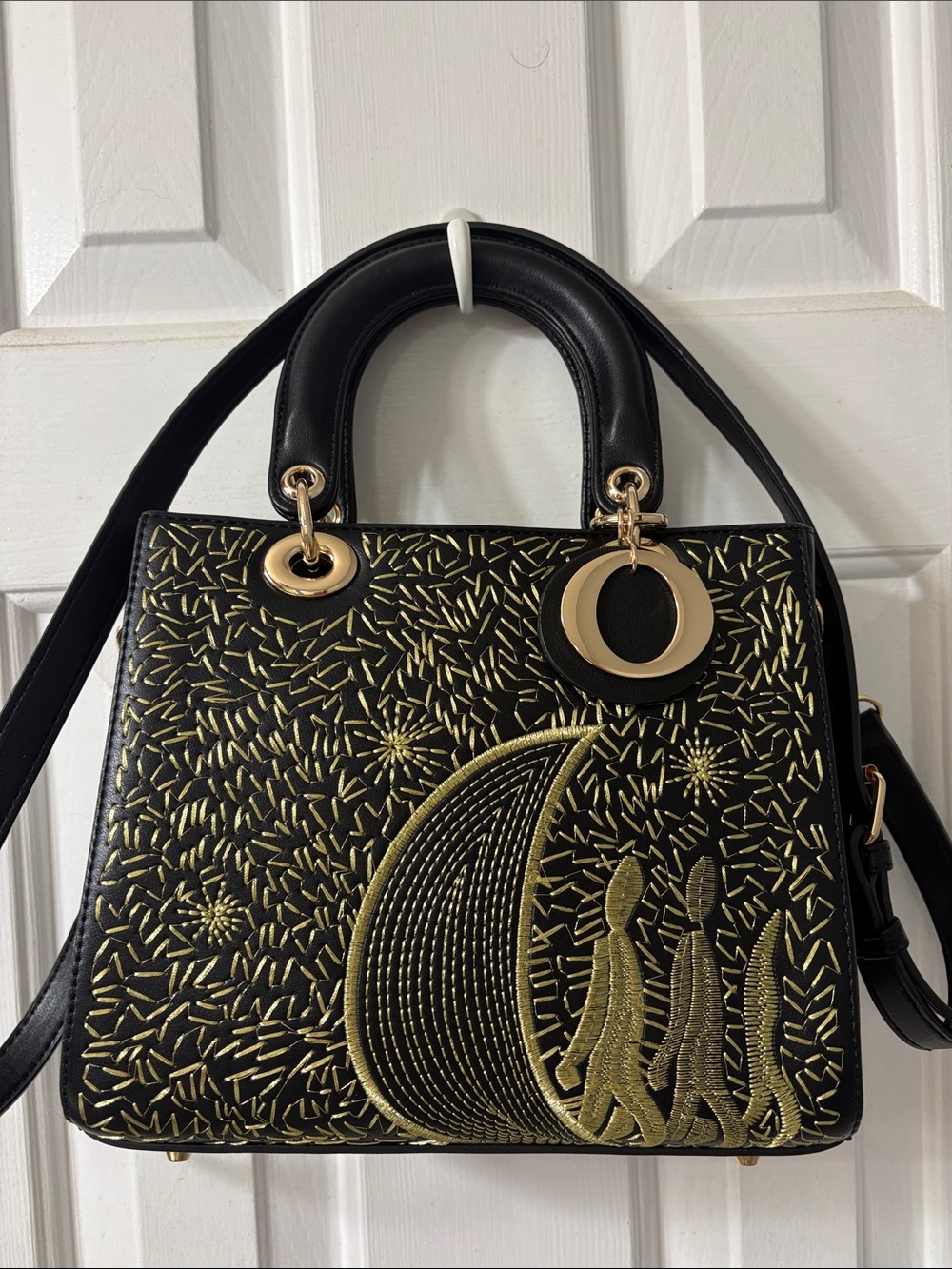 Black and Gold Embroidered Top-Handle Satchel
